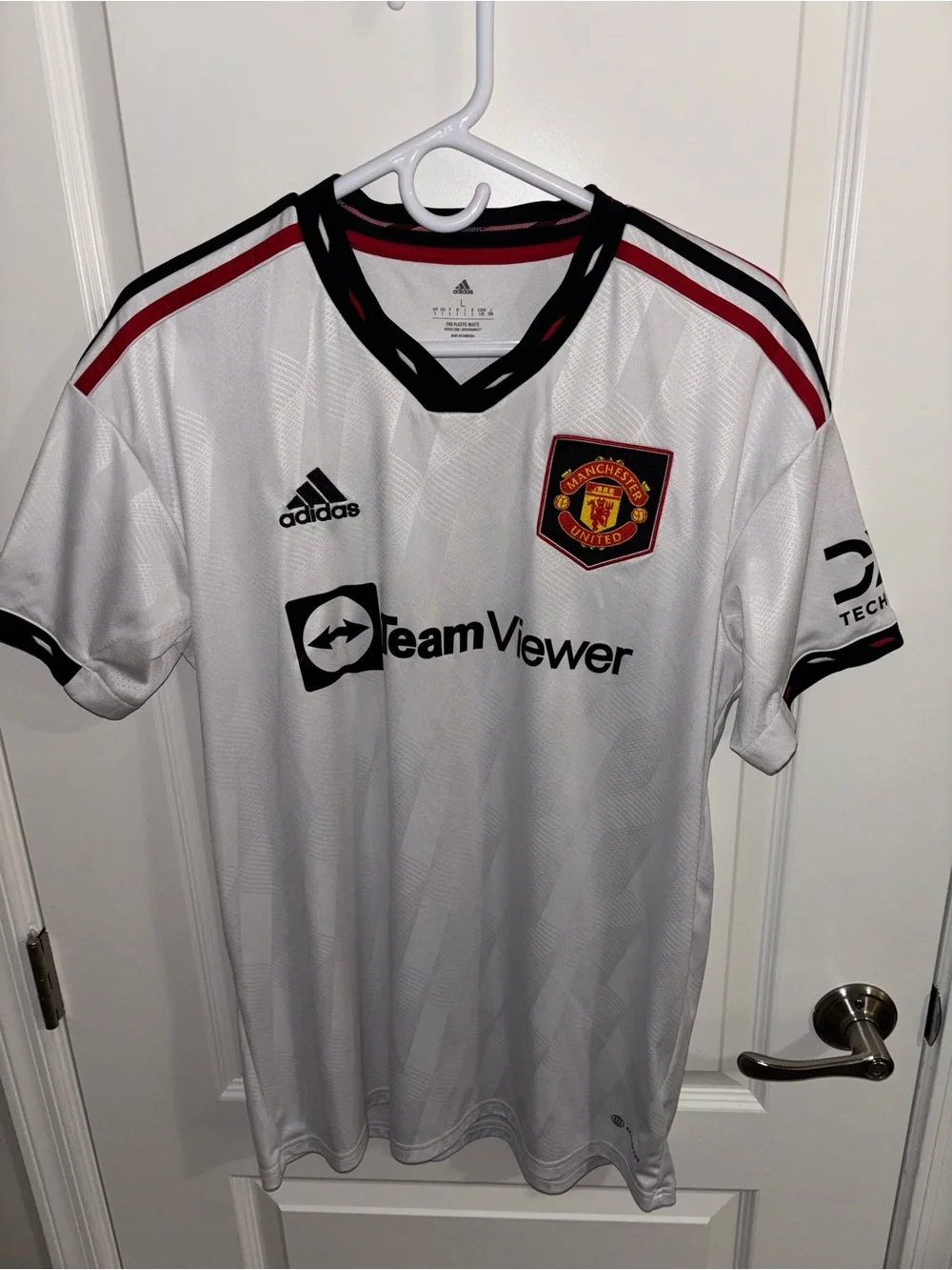 adidas White Manchester United Away Soccer Jersey with Black and Red Accents